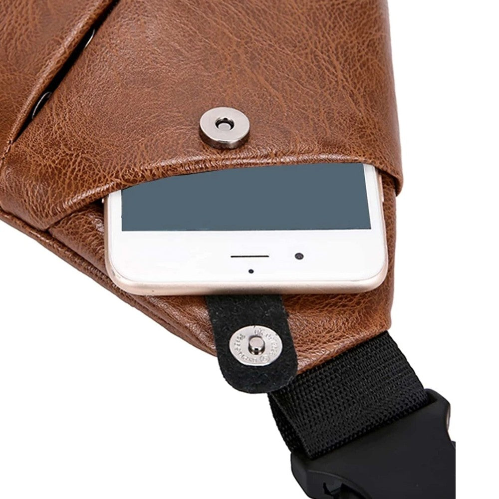 Mens Anti-theft Sling Bag Chest Bag PU Leather Shoulder Crossbody Bag - Brown