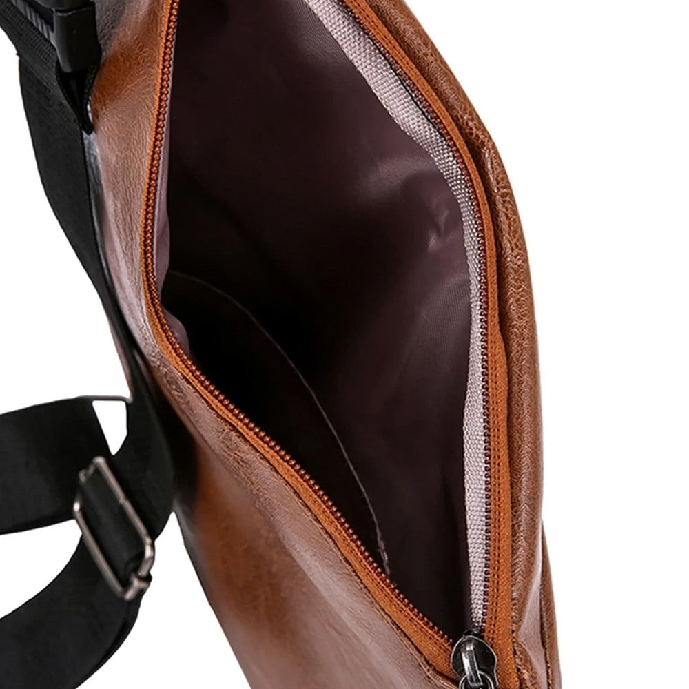 Mens Anti-theft Sling Bag Chest Bag PU Leather Shoulder Crossbody Bag - Brown