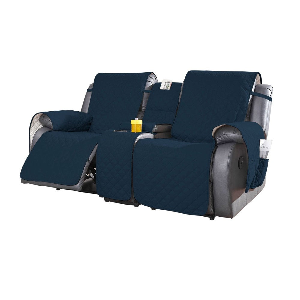 For 2-Seater Recliner Non-Slip Split Recliner Cover with Console Cover-Navy Blue