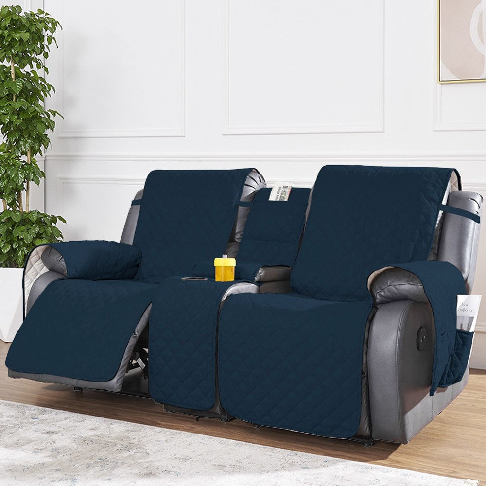 For 2-Seater Recliner Non-Slip Split Recliner Cover with Console Cover-Navy Blue