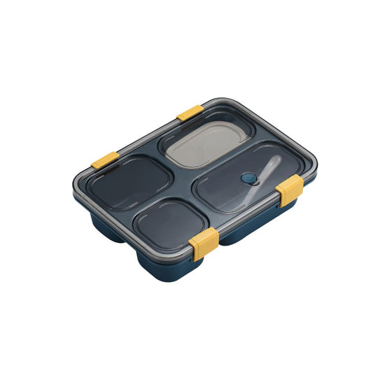 Portable 4-Compartment Microwaveable Lunch Box with Spoon and Soup Bowl - Blue