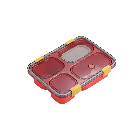 Portable 4-Compartment Microwaveable Lunch Box with Spoon and Soup Bowl - Red