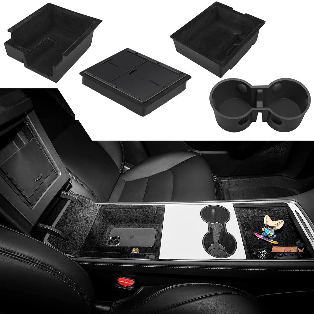 For Tesla Model 3/Y 4-Piece Flocked Hidden Center Console Organizer Tray Set