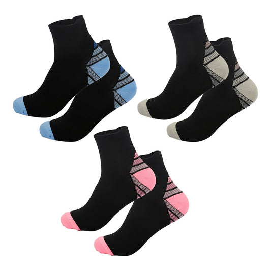 3 Pairs of Plantar Fasciitis Compression Ankle Socks - Blue+Pink+Grey - S/M