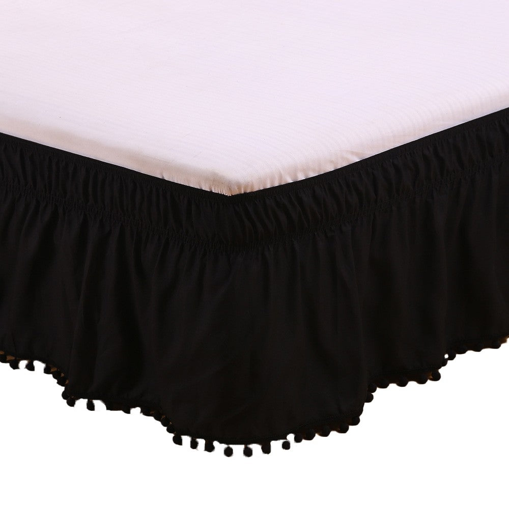 For Single Bed Pompom Fringe Bed Skirt Elastic Bed Wrap Around Valance - Black