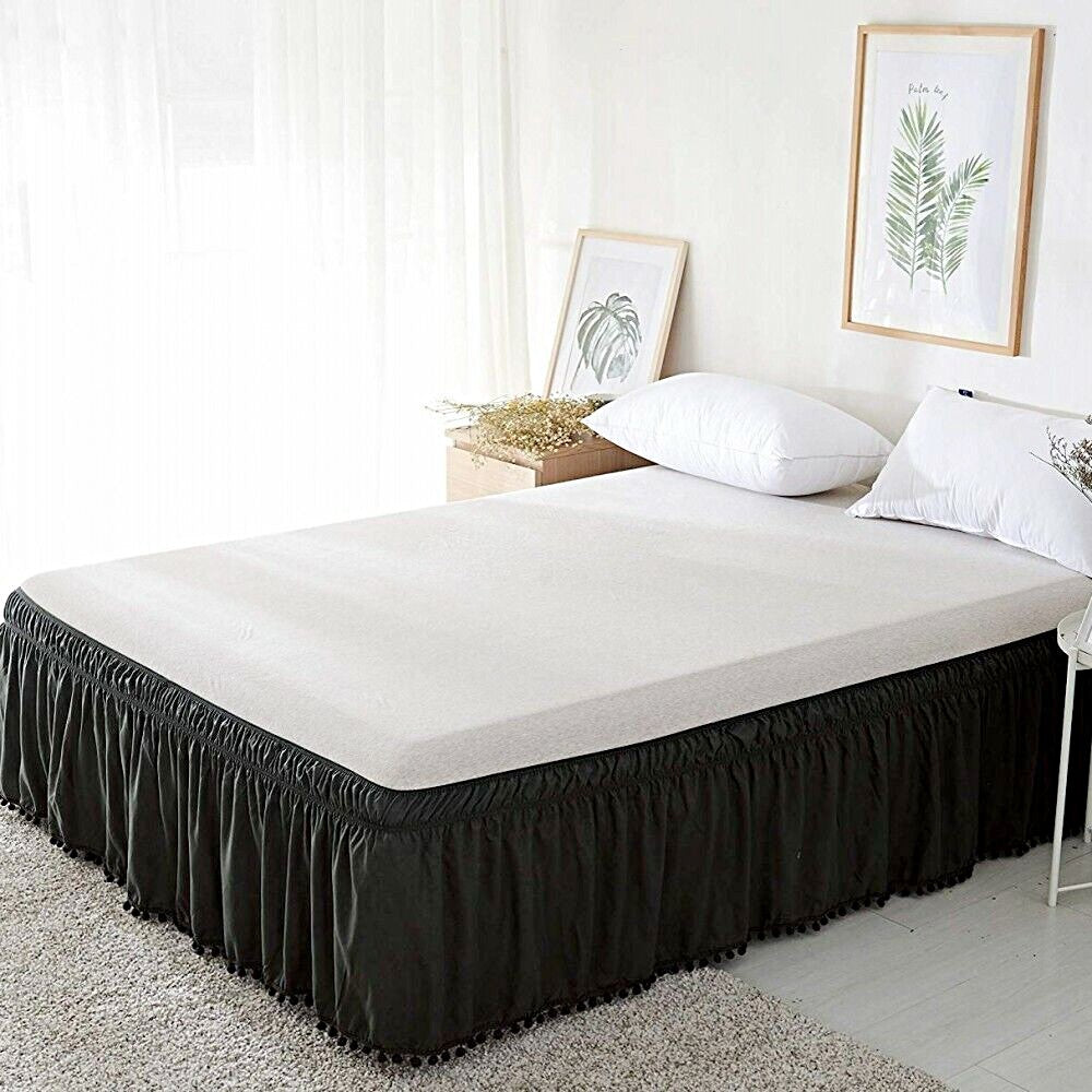 For Queen Bed Pompom Fringe Bed Skirt Elastic Bed Wrap Around Valance - Black