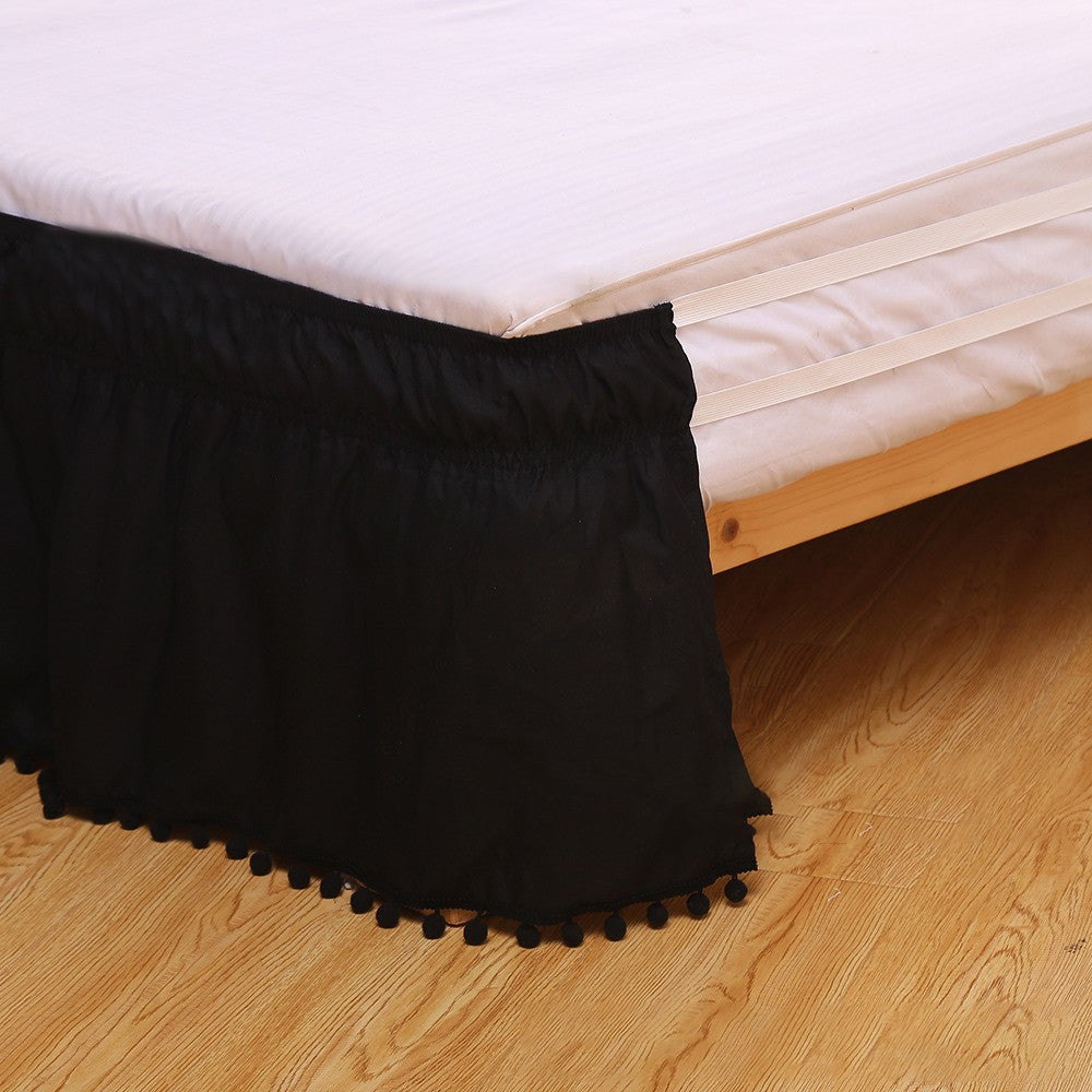 For King Bed Pompom Fringe Bed Skirt Elastic Bed Wrap Around Valance - Black