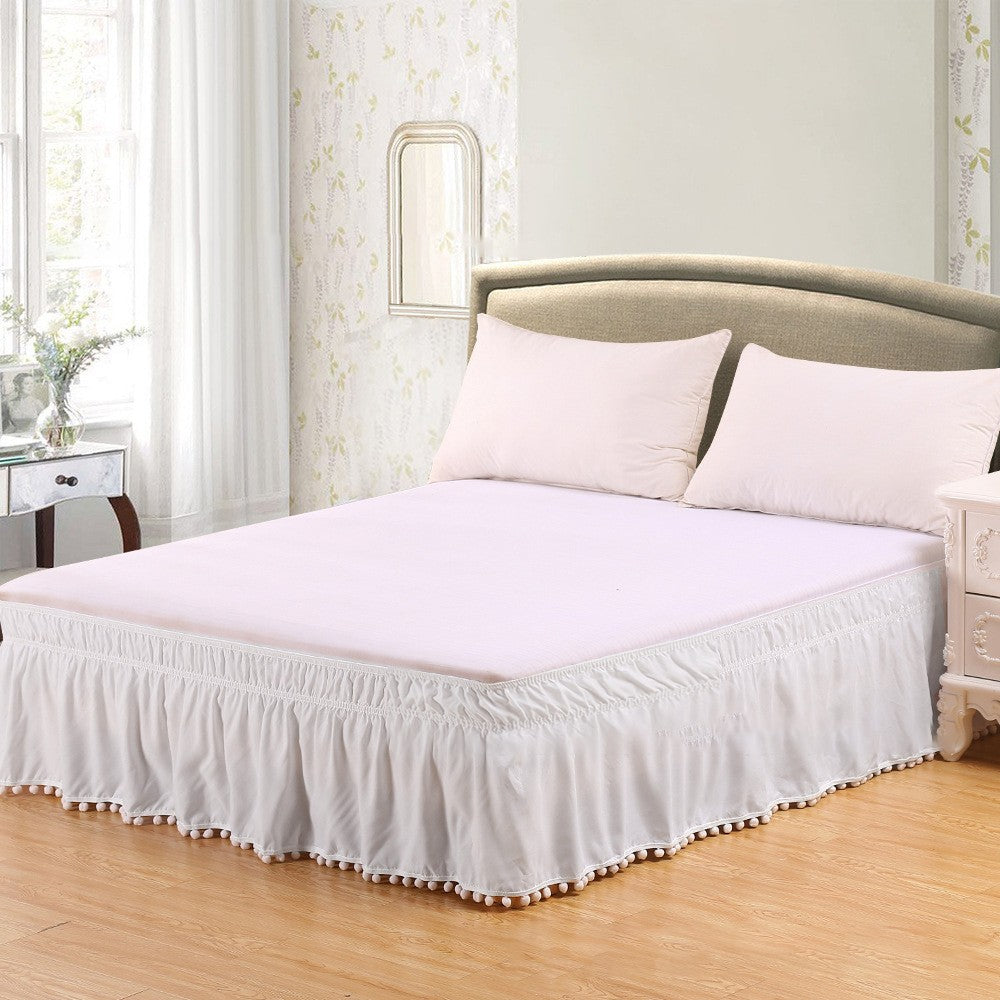 For Double Bed Pompom Fringe Bed Skirt Elastic Bed Wrap Around Valance - White