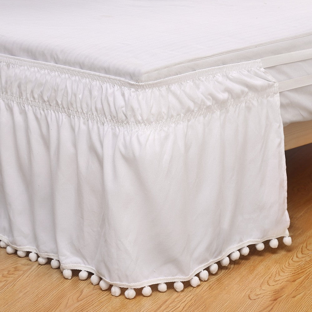 For Double Bed Pompom Fringe Bed Skirt Elastic Bed Wrap Around Valance - White