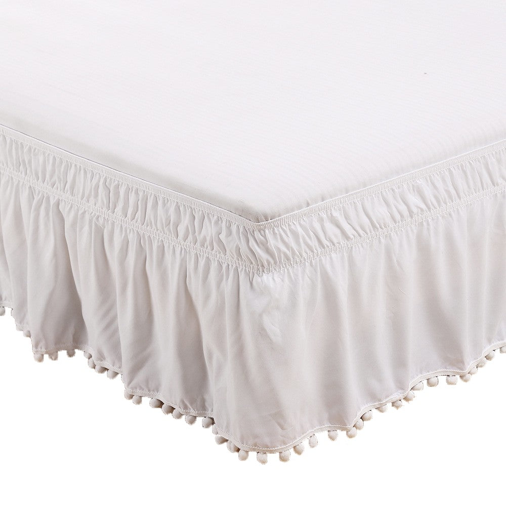 For King Bed Pompom Fringe Bed Skirt Elastic Bed Wrap Around Valance - White
