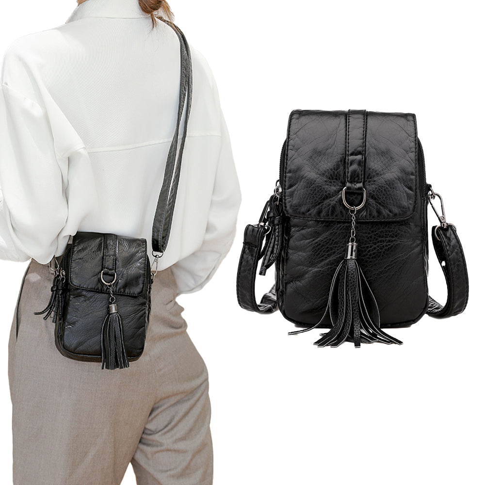 PU Leather Small Crossbody Bag Cell Phone Purse - Black