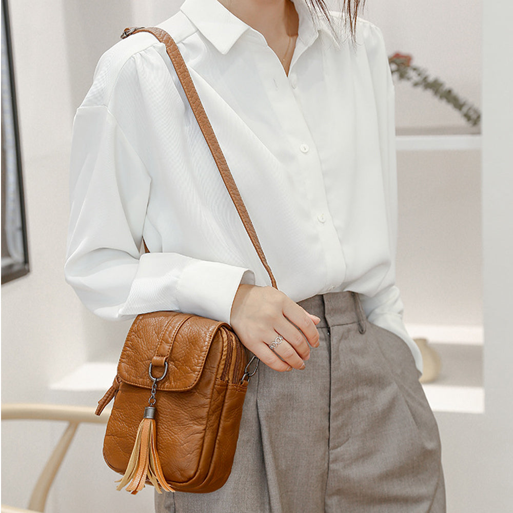 PU Leather Small Crossbody Bag Cell Phone Purse - Brown