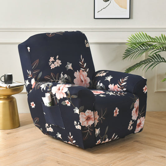 Printed Recliner Chair Cover 4 Pieces Reclining Sofa Stretch Protector - Blue