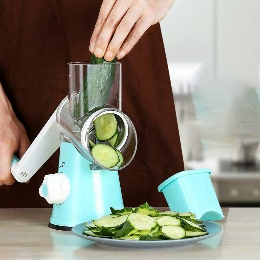 Kitchen Vegetable Food Manual Rotary Drum Grater Slicer Fruit Cutter - Blue