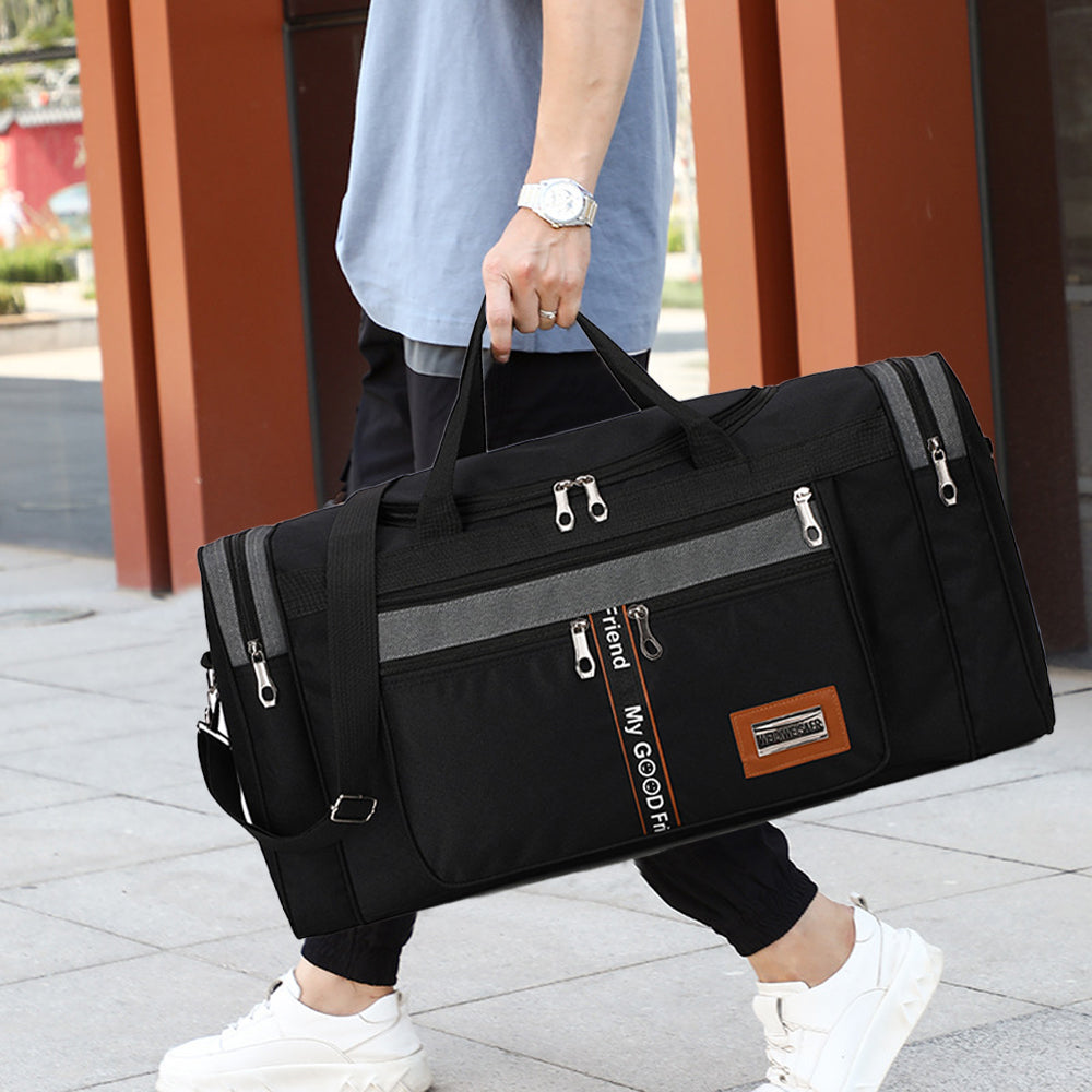 Sports Travel Duffel Bag Large Capacity Waterproof Shoes Compartment - Black