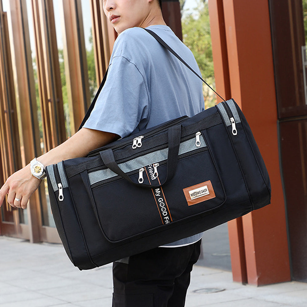 Sports Travel Duffel Bag Large Capacity Waterproof Shoes Compartment - Black