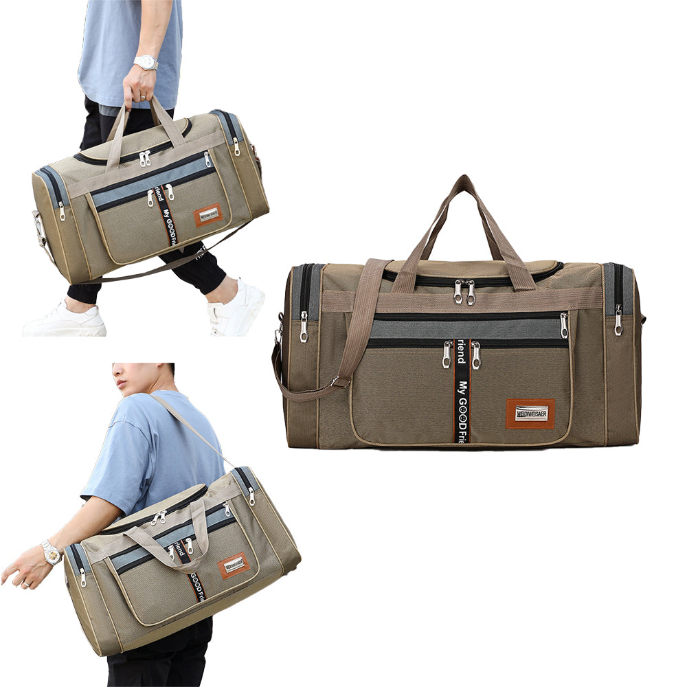 Sports Travel Duffel Bag Large Capacity Waterproof Shoes Compartment - Khaki
