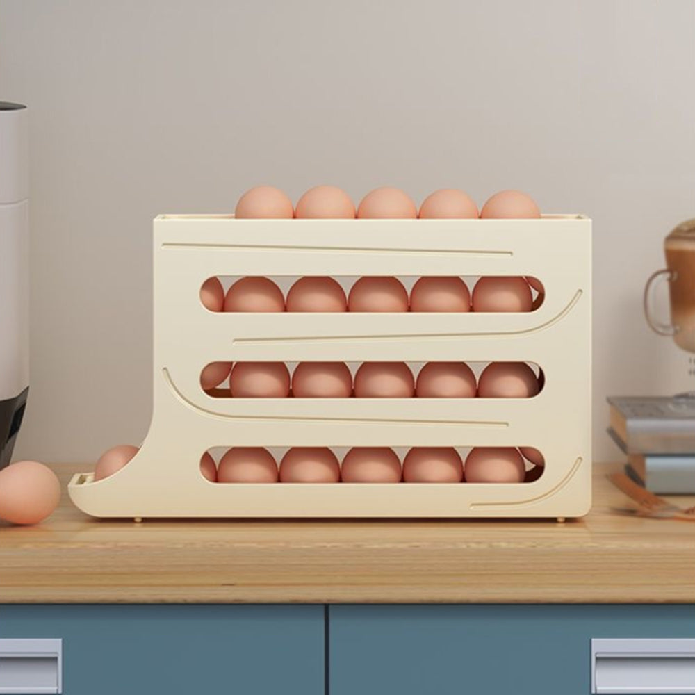 4-Tier Egg Holder Auto Rolling Egg Dispenser Rack Kitchen Egg Storage Box -Beige