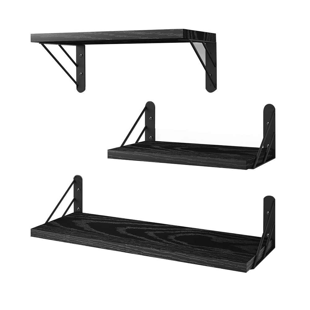 3Pcs Wall Mounted Wood Floating Shelf Storage Display for Bedroom Decor - Black