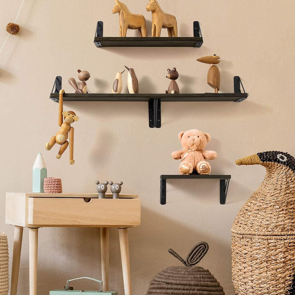 3Pcs Wall Mounted Wood Floating Shelf Storage Display for Bedroom Decor - Black
