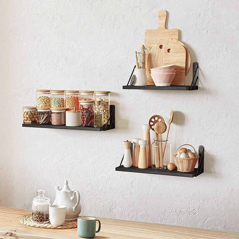 3Pcs Wall Mounted Wood Floating Shelf Storage Display for Bedroom Decor - Black