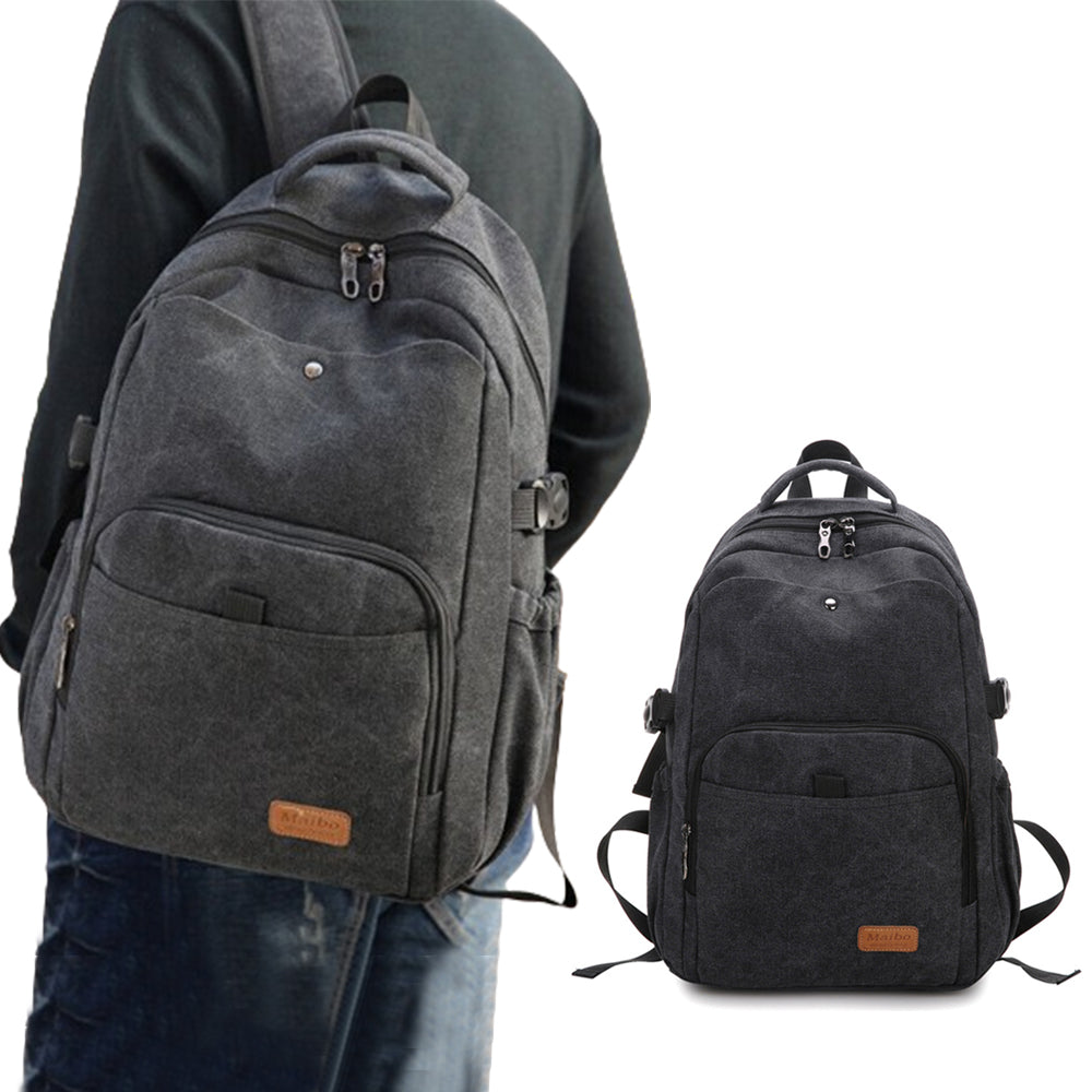 Large Capacity Canvas Backpack Laptop Notebook School Travel Backpack - Black