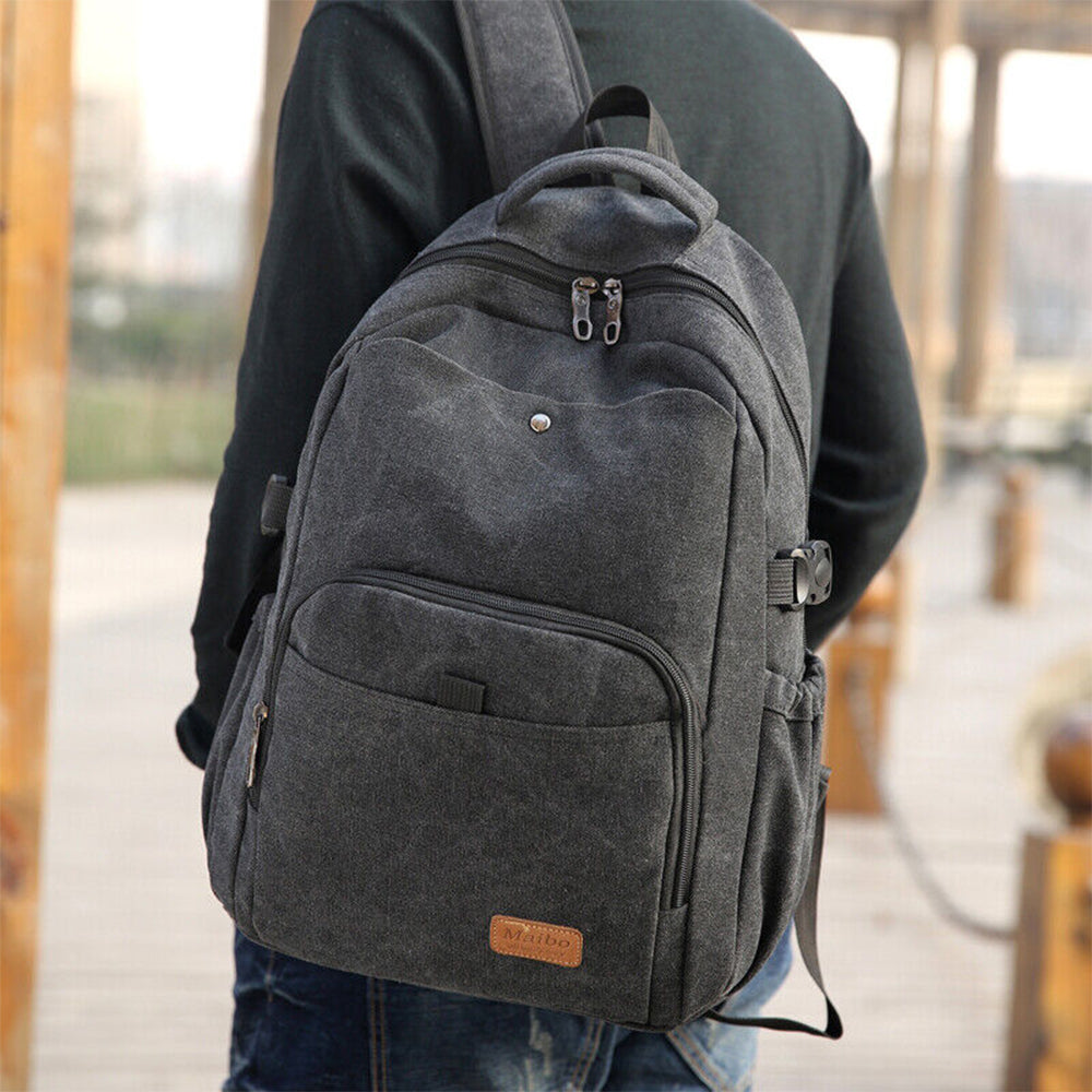 Large Capacity Canvas Backpack Laptop Notebook School Travel Backpack - Black