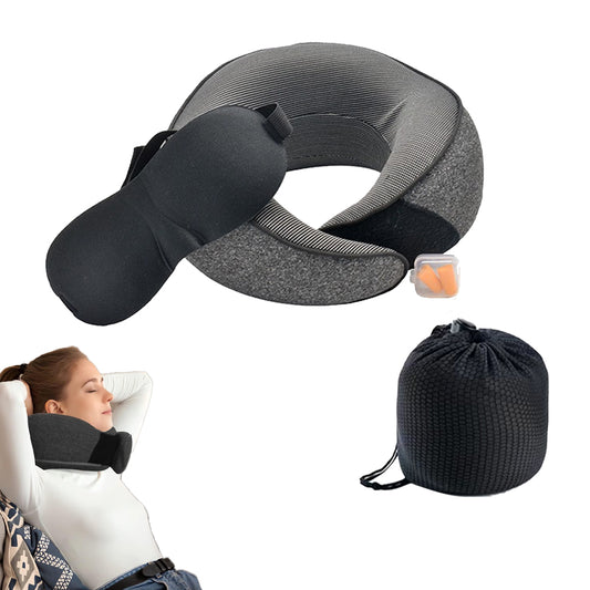Travel Pillow Memory Foam Neck Pillow Set with Eye Mask Earplugs Dark Grey