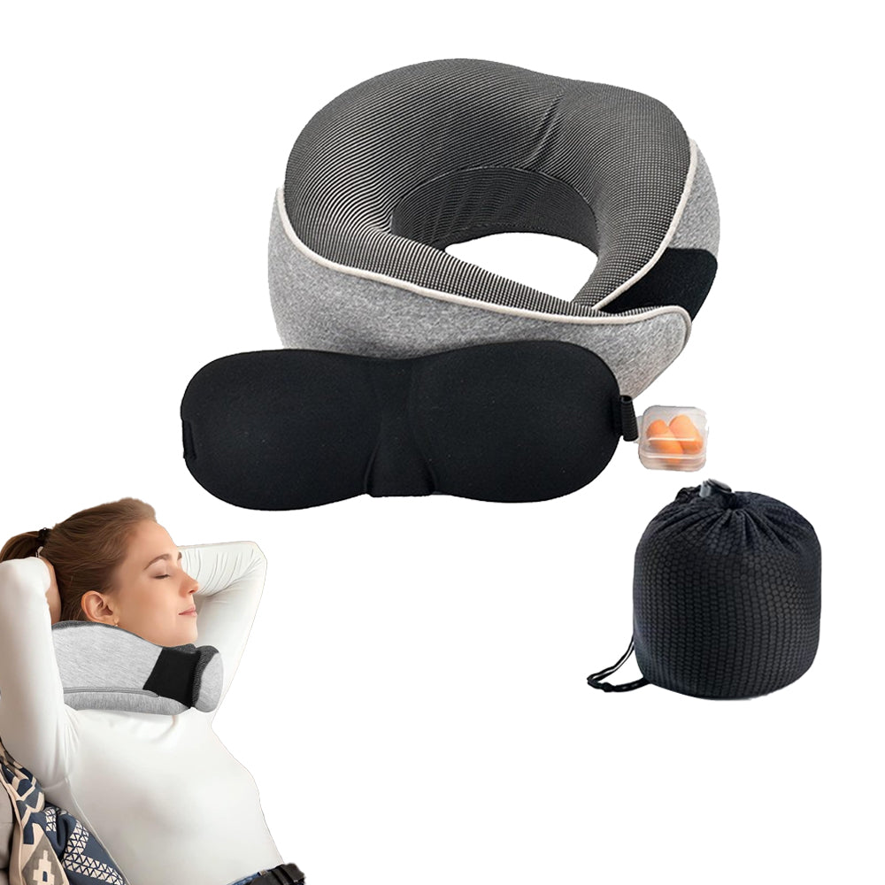 Travel Pillow Memory Foam Neck Pillow Set with Eye Mask Earplugs Light Grey