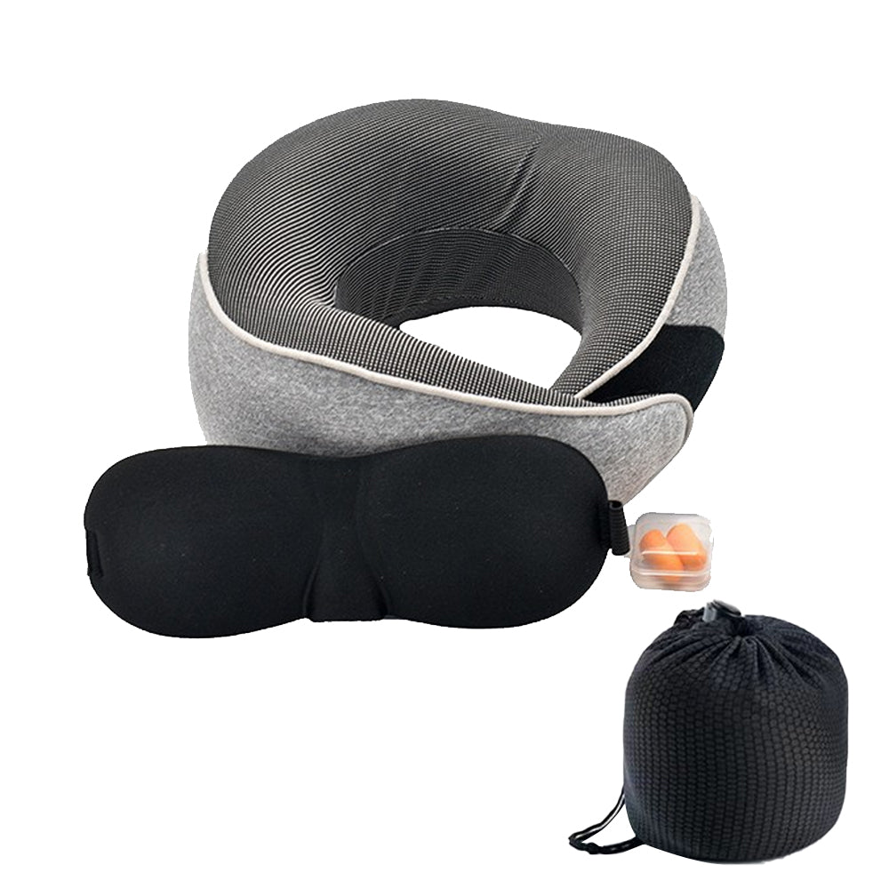 Travel Pillow Memory Foam Neck Pillow Set with Eye Mask Earplugs Light Grey