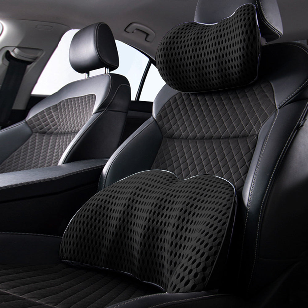 2Pcs Car Seat Memory Foam Lumbar Back Pillow Neck Pillow Black