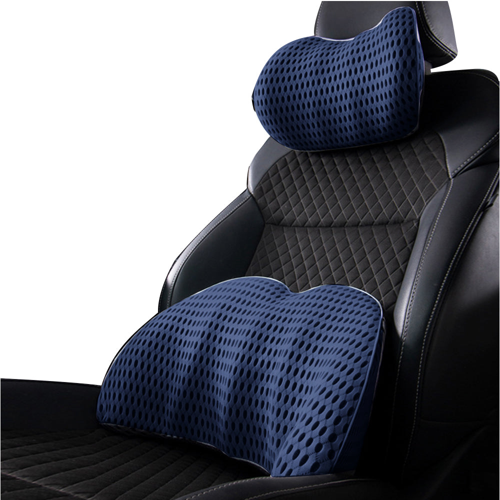 2Pcs Car Seat Memory Foam Lumbar Back Pillow Neck Pillow Blue