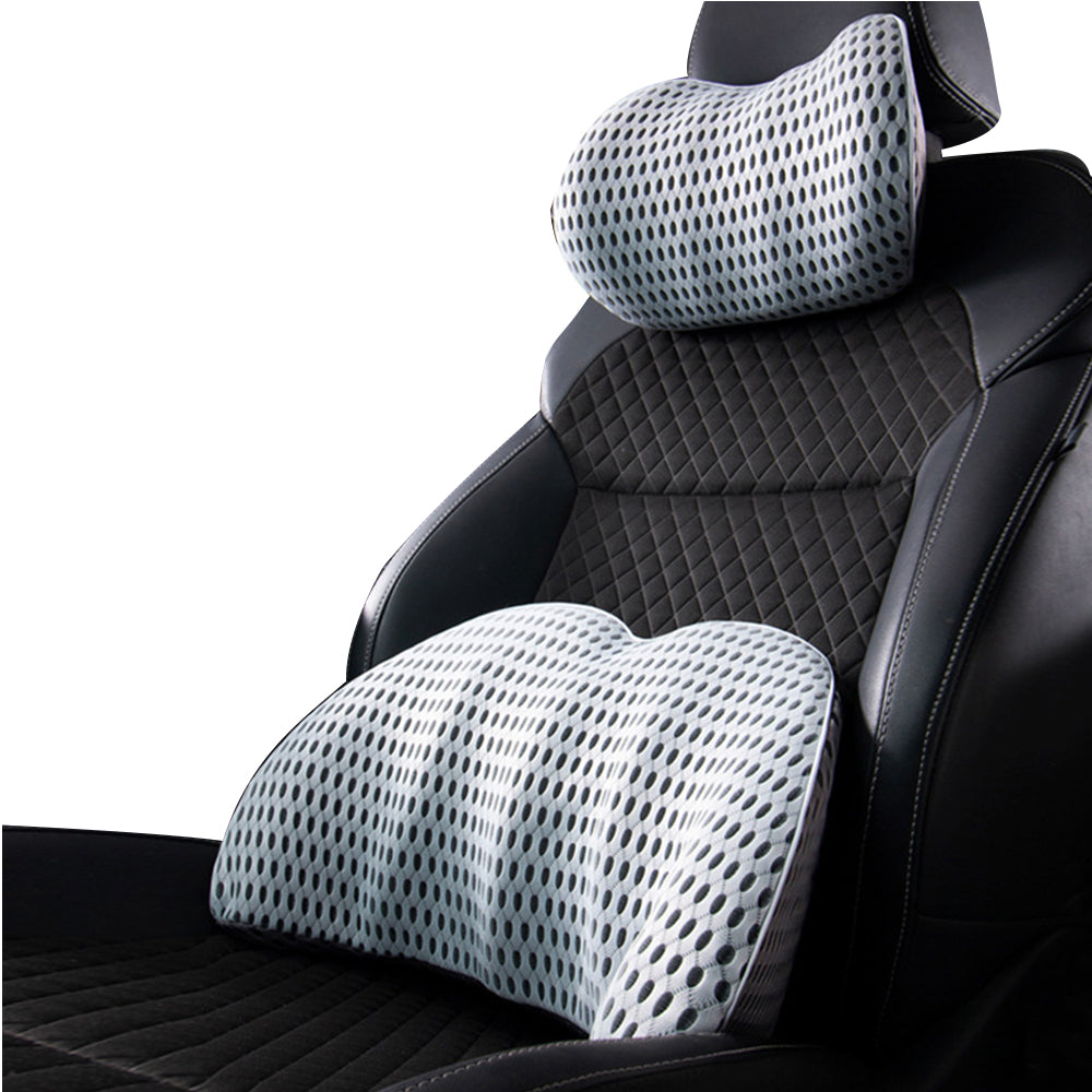 2Pcs Car Seat Memory Foam Lumbar Back Pillow Neck Pillow Light Grey