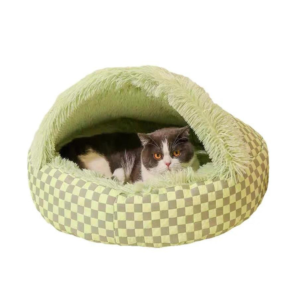 Plush Cushioned Half Closed Pet Bed Winter Pet Cave Nest Green S