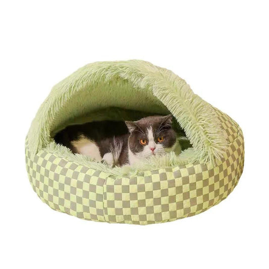 Plush Cushioned Half Closed Pet Bed Winter Pet Cave Nest Green S
