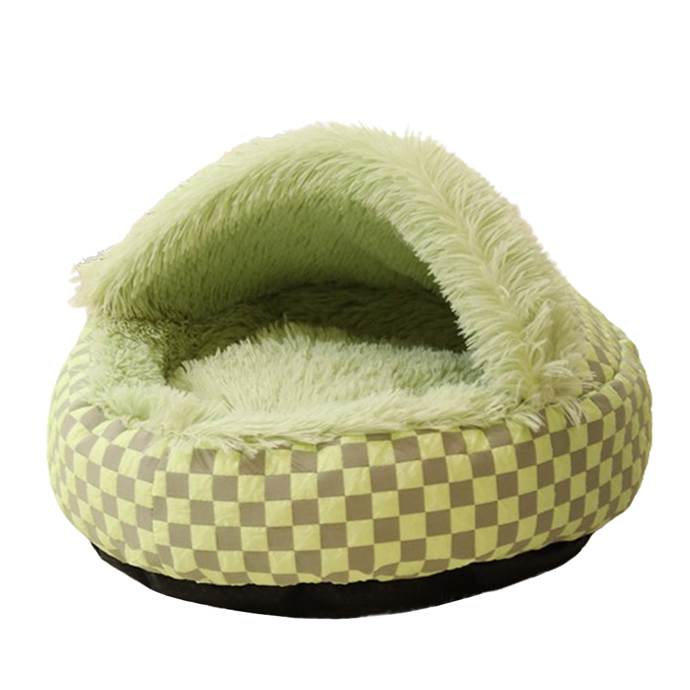 Plush Cushioned Half Closed Pet Bed Winter Pet Cave Nest Green L