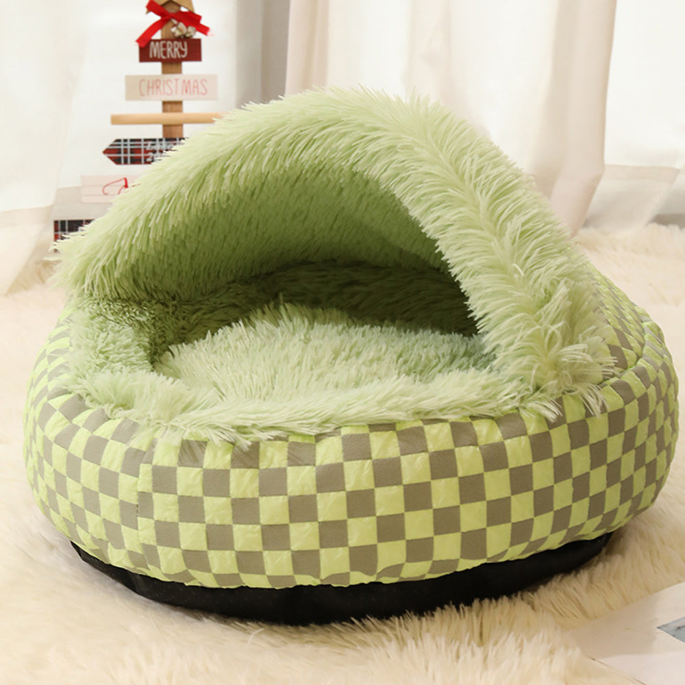 Plush Cushioned Half Closed Pet Bed Winter Pet Cave Nest Green L