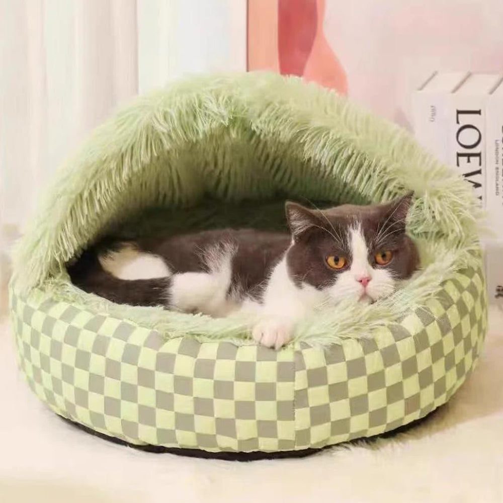 Plush Cushioned Half Closed Pet Bed Winter Pet Cave Nest Green L