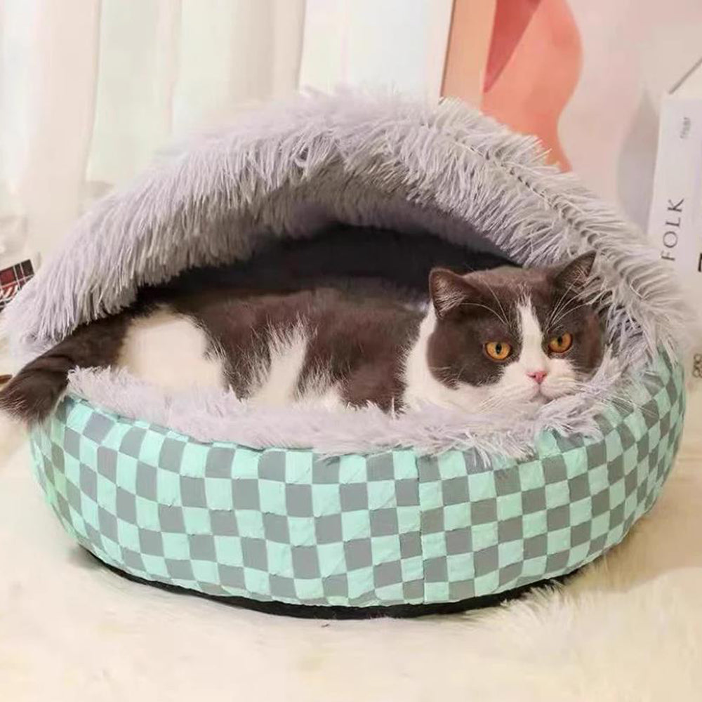Plush Cushioned Half Closed Pet Bed Winter Pet Cave Nest Grey S