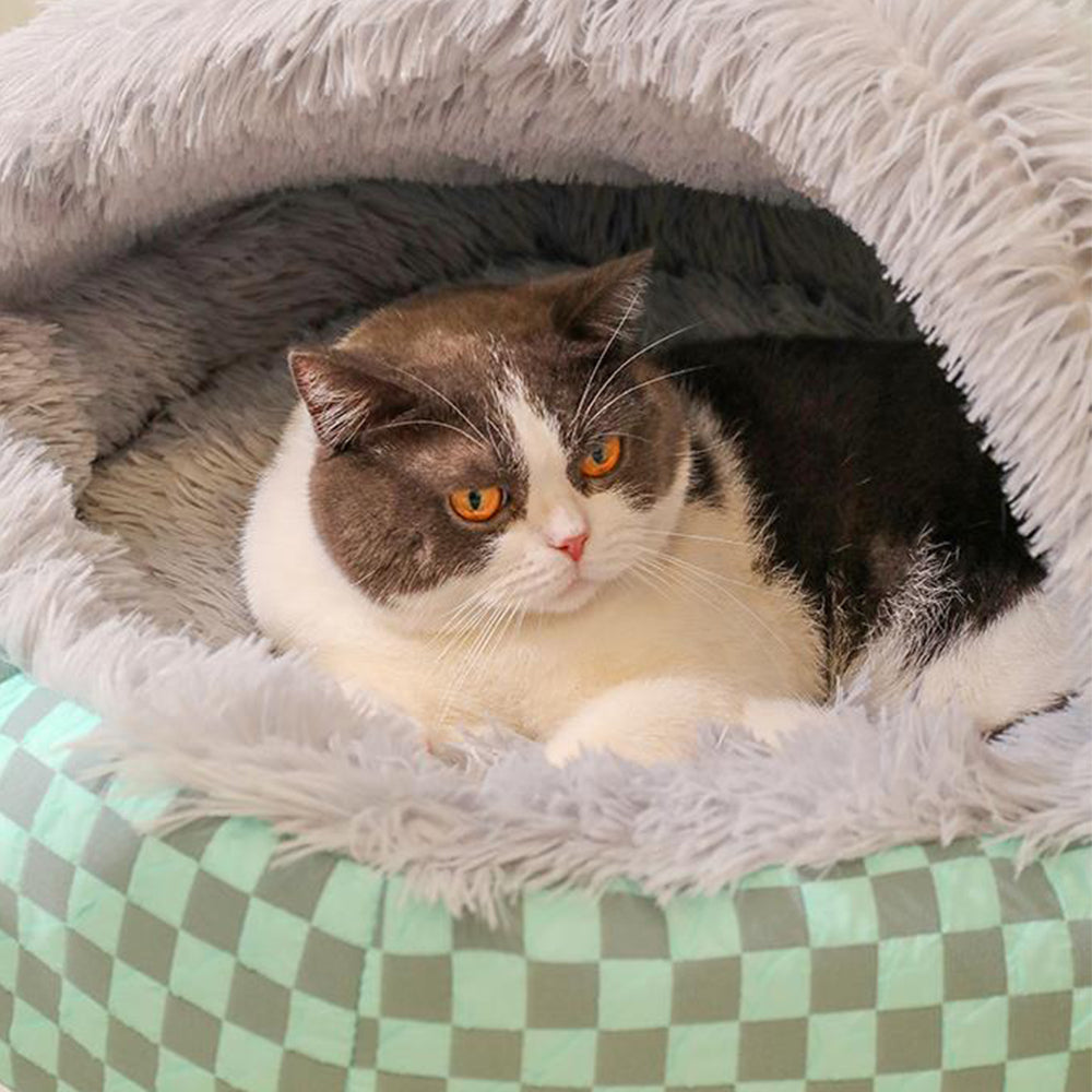 Plush Cushioned Half Closed Pet Bed Winter Pet Cave Nest Grey S