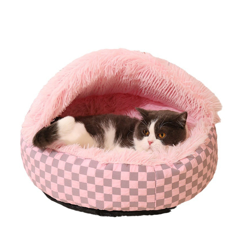 Plush Cushioned Half Closed Pet Bed Winter Pet Cave Nest Pink S