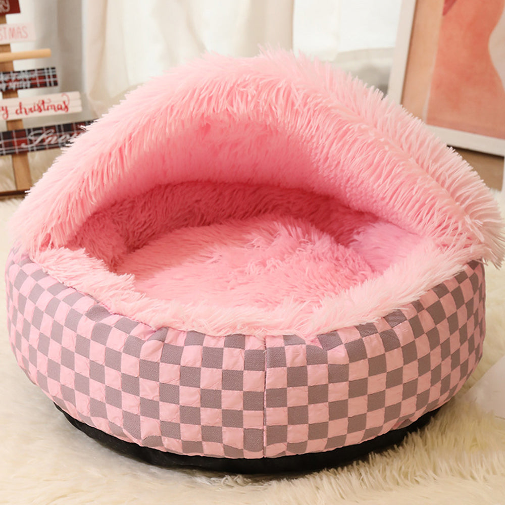 Plush Cushioned Half Closed Pet Bed Winter Pet Cave Nest Pink S