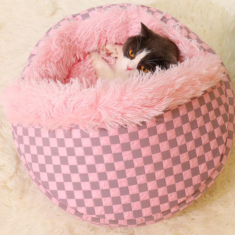 Plush Cushioned Half Closed Pet Bed Winter Pet Cave Nest Pink L