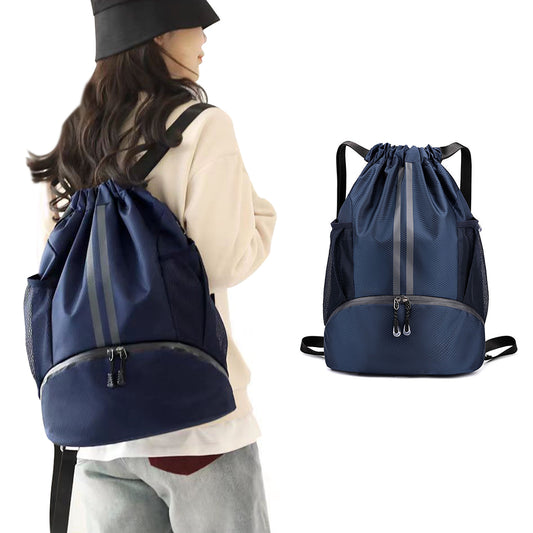 Sports Large Capacity Drawstring Backpack Dry Wet Separation Gym Bag Navy Blue