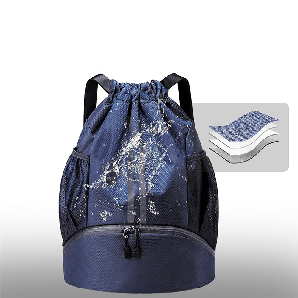 Sports Large Capacity Drawstring Backpack Dry Wet Separation Gym Bag Navy Blue
