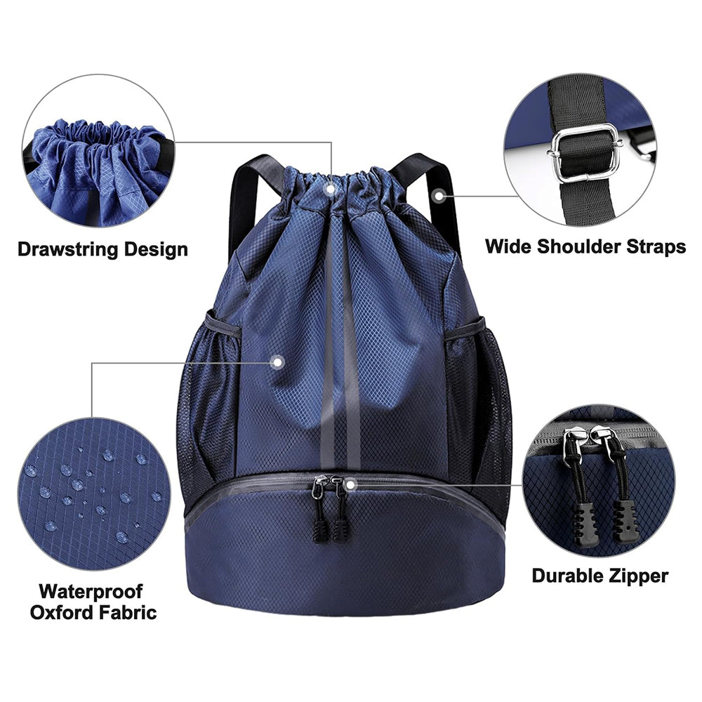 Sports Large Capacity Drawstring Backpack Dry Wet Separation Gym Bag Navy Blue