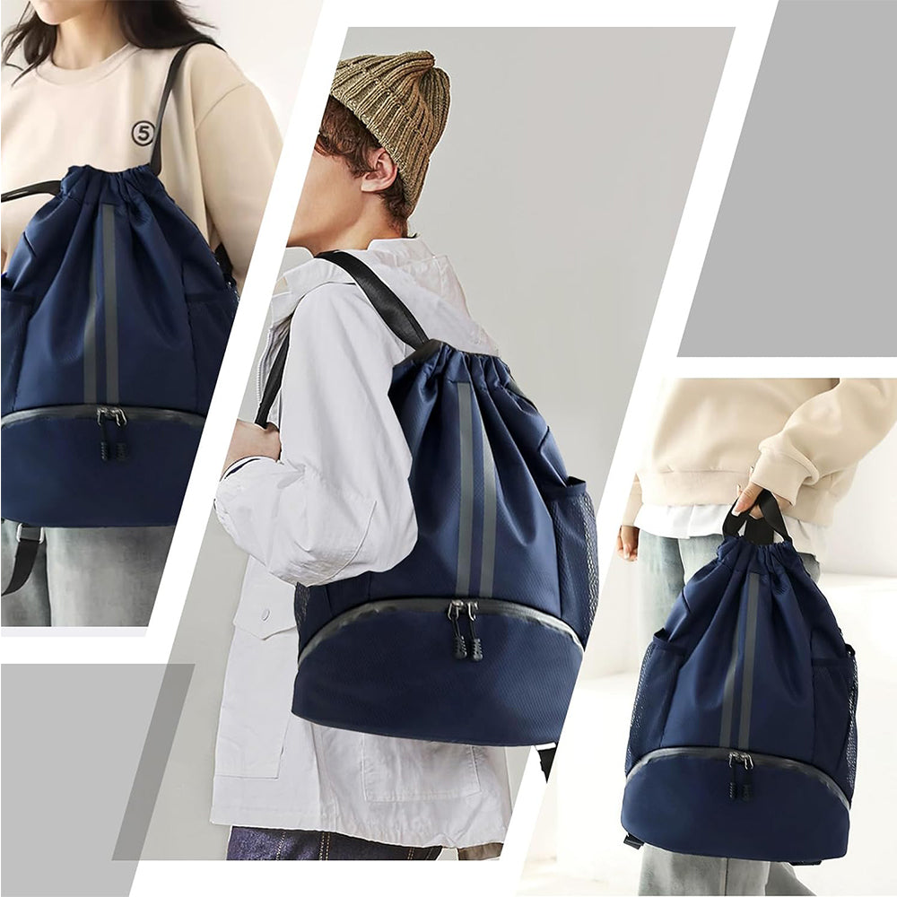 Sports Large Capacity Drawstring Backpack Dry Wet Separation Gym Bag Navy Blue