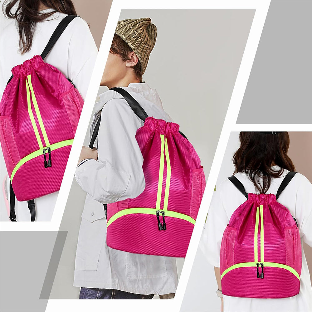Sports Large Capacity Drawstring Backpack Dry Wet Separation Gym Bag Rose Red