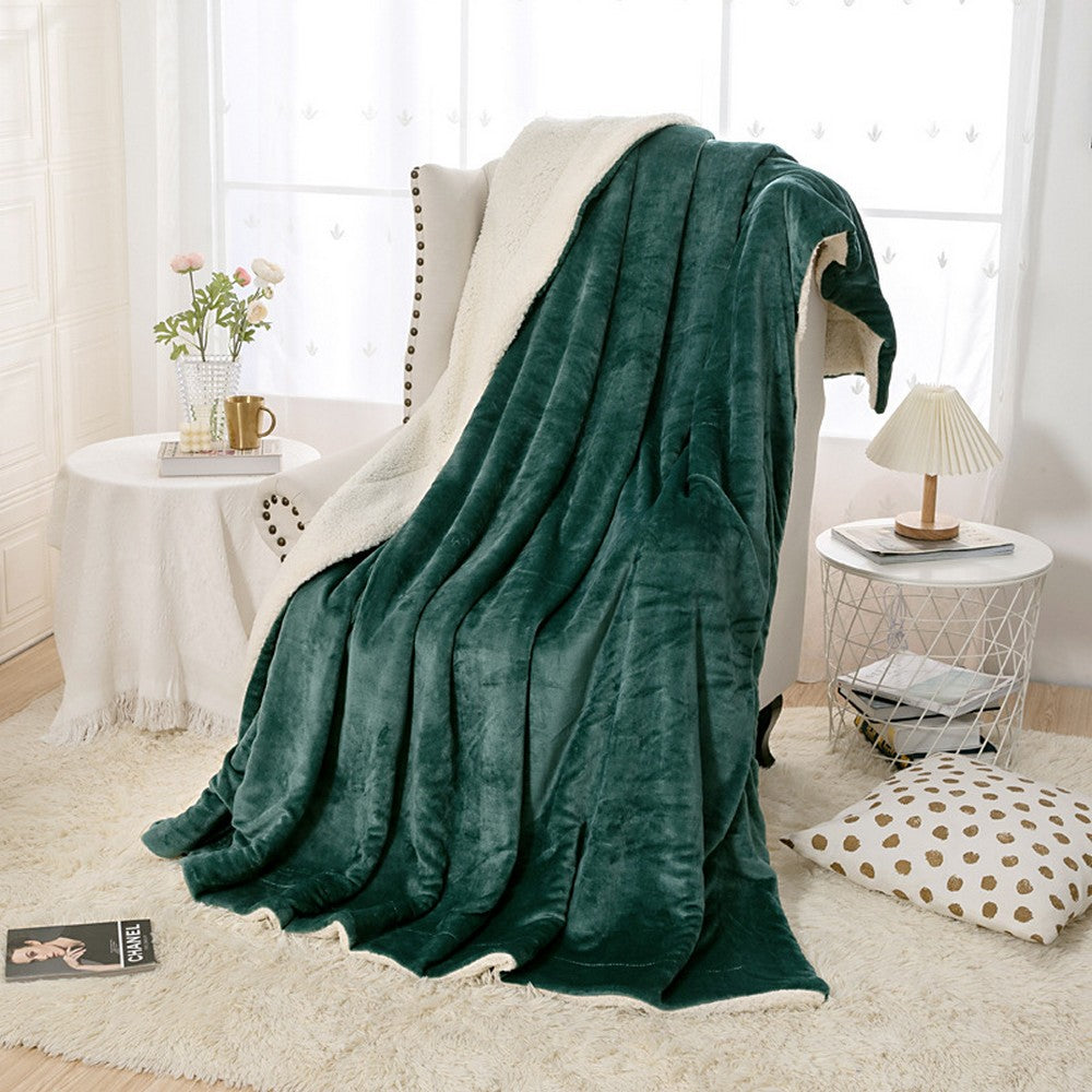 200x230cm Faux Sherpa Lambswool Throw Blanket Reversible Plush Blanket Green