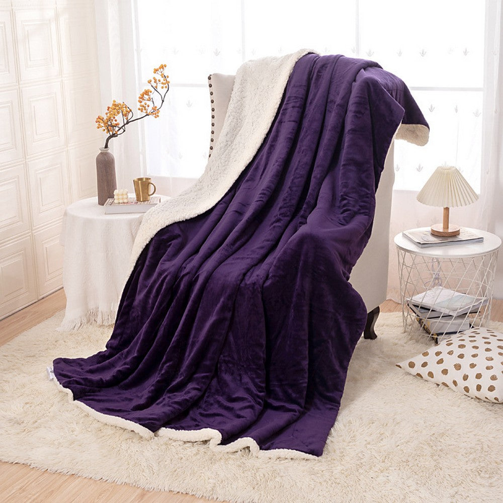 100x150cm Faux Sherpa Lambswool Throw Blanket Reversible Plush Blanket Purple